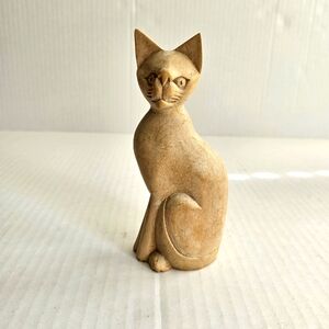 Carved wooden cat figurine natural wood 6.5 inches tall